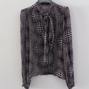 Zara Woman optical pattern tie front sheer blouse size S maroon white